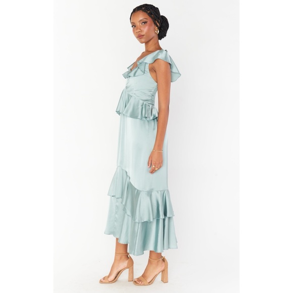 Show Me Your Mumu Reese Ruffle Dress in Silver Sage Luxe Satin size Medium - Picture 3 of 9